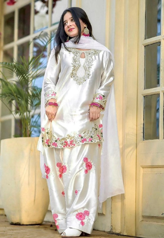 White Rosy Embroidered Salwar Suit Set