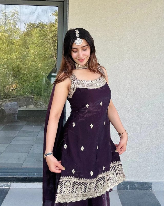 Wine Fendy Kurta Palazzo Dupatta Set