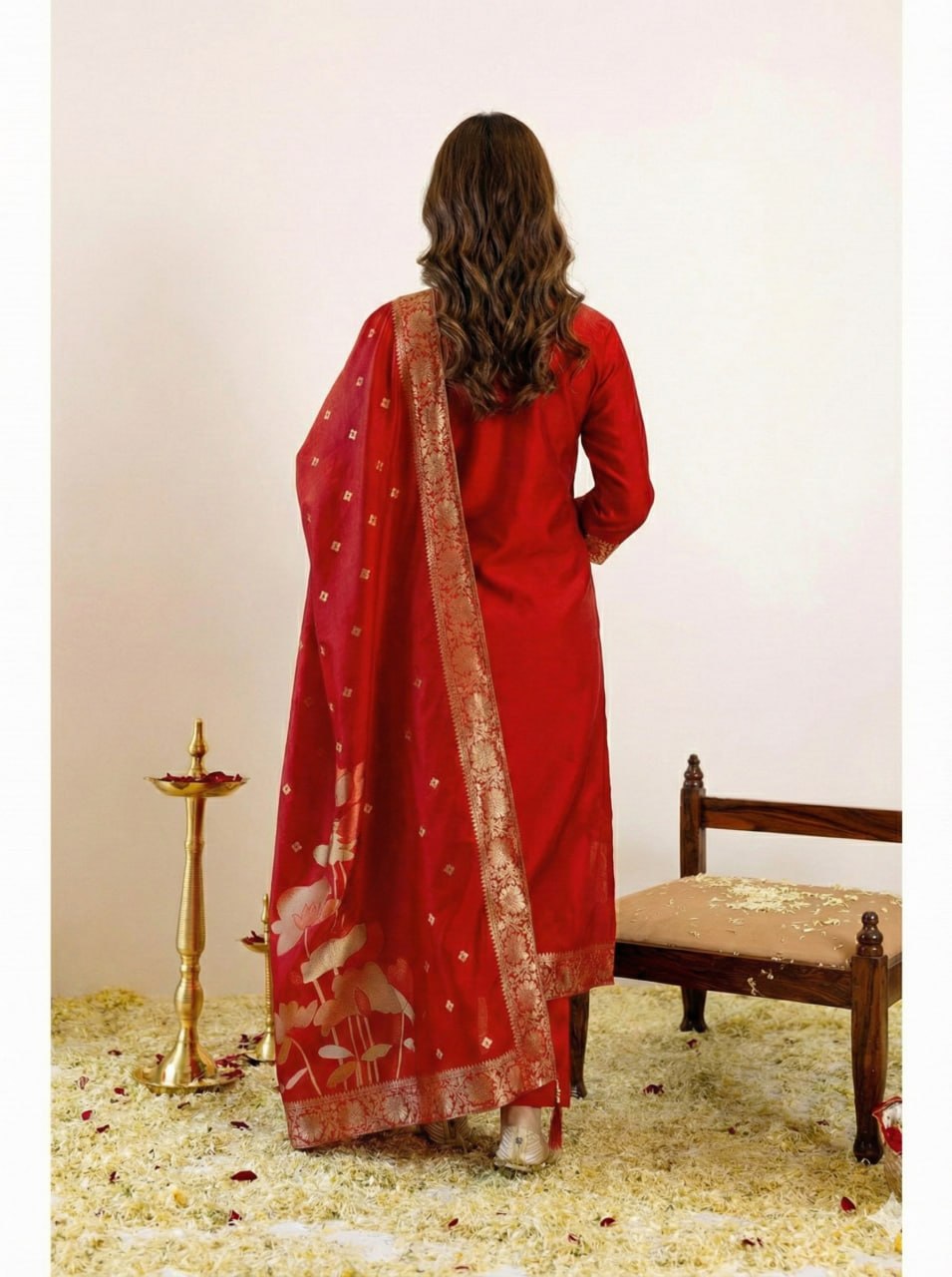 Red Art Silk Jacquard Kurta Pant Dupatta Set