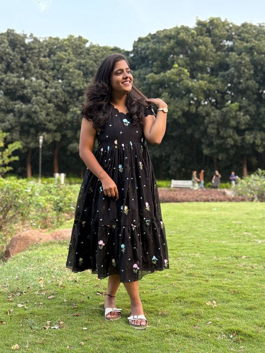 Black Daisy Embroidered Frock Dress