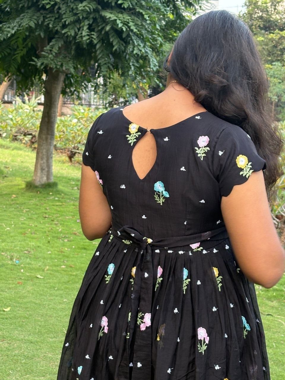 Black Daisy Embroidered Frock Dress