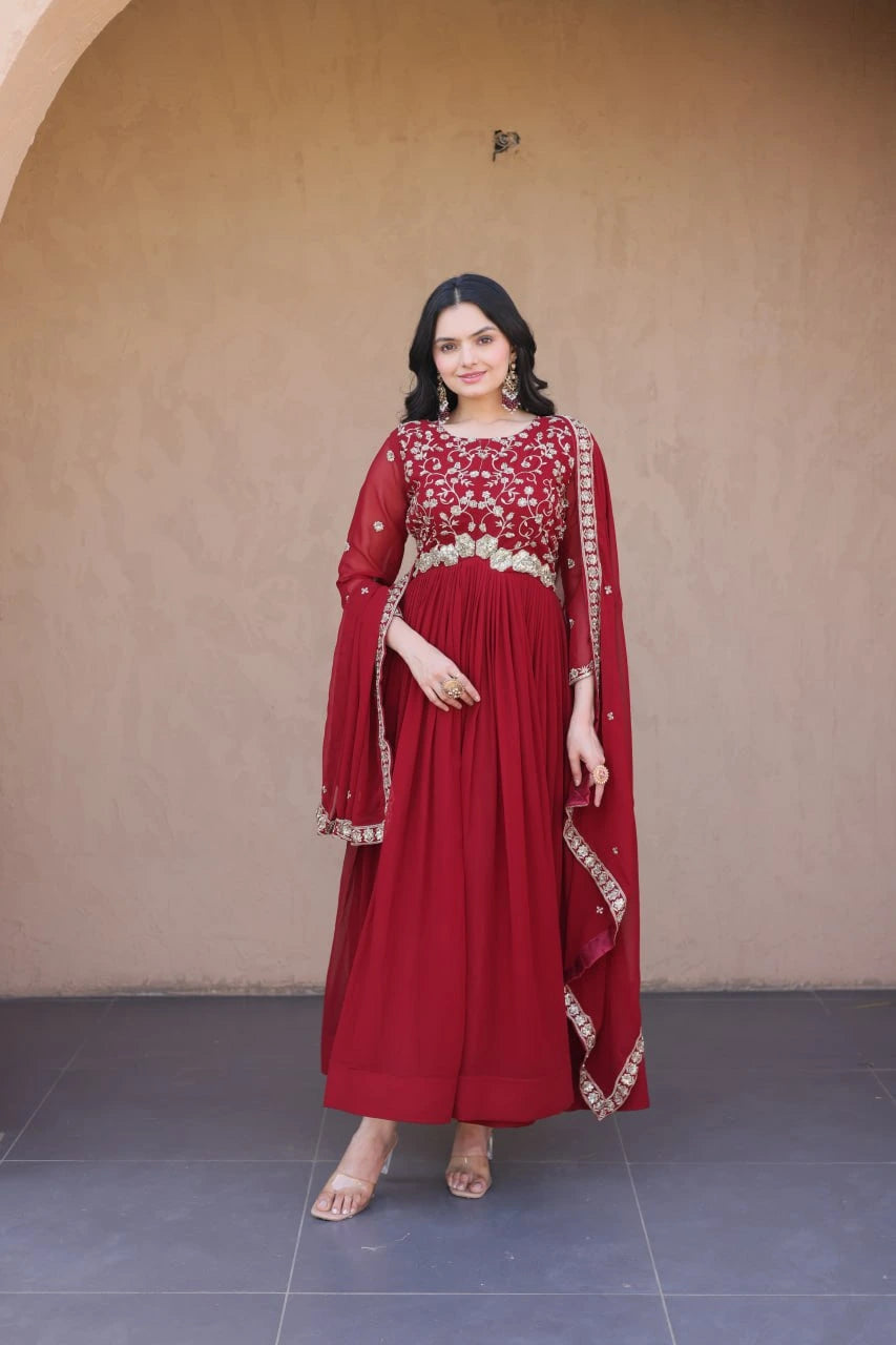 Embroidered Faux Blooming Gown with Dupatta Set