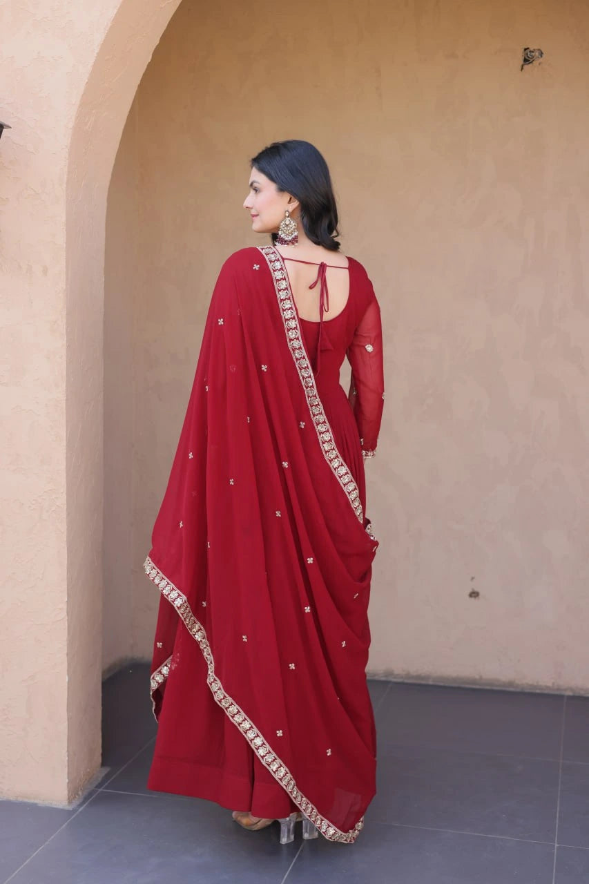 Embroidered Faux Blooming Gown with Dupatta Set