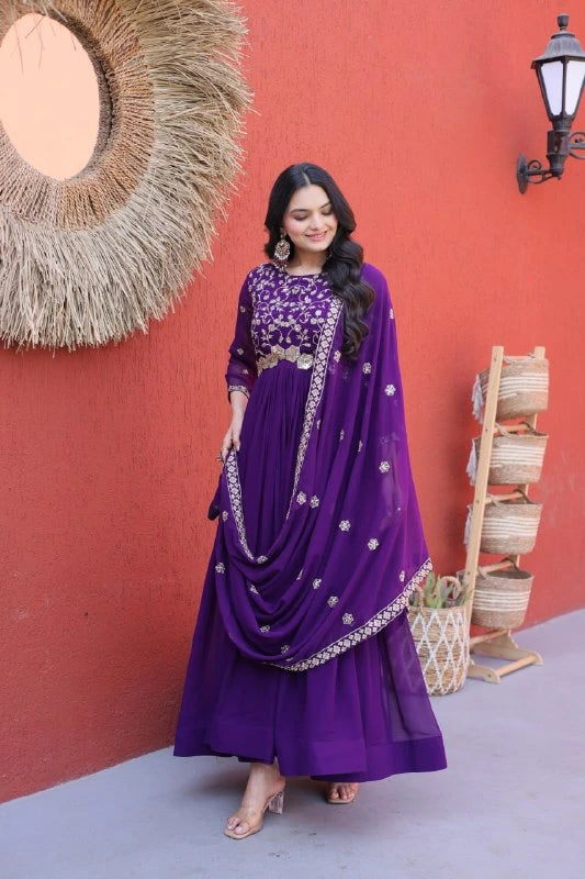 Embroidered Faux Blooming Gown with Dupatta Set