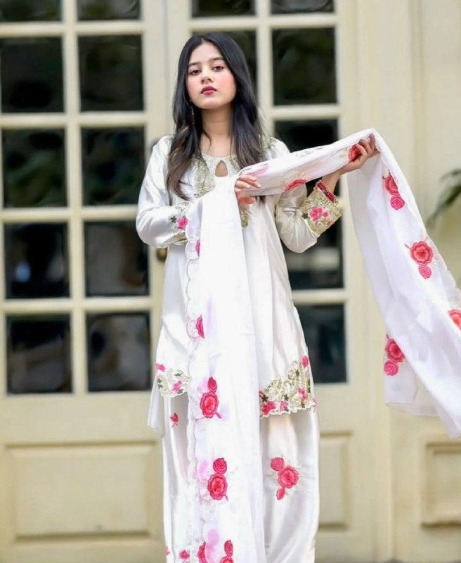 White Rosy Embroidered Salwar Suit Set