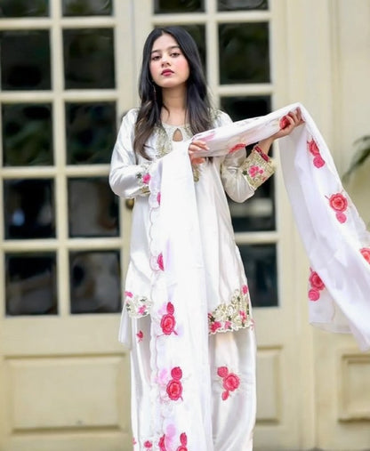 White Rosy Embroidered Salwar Suit Set