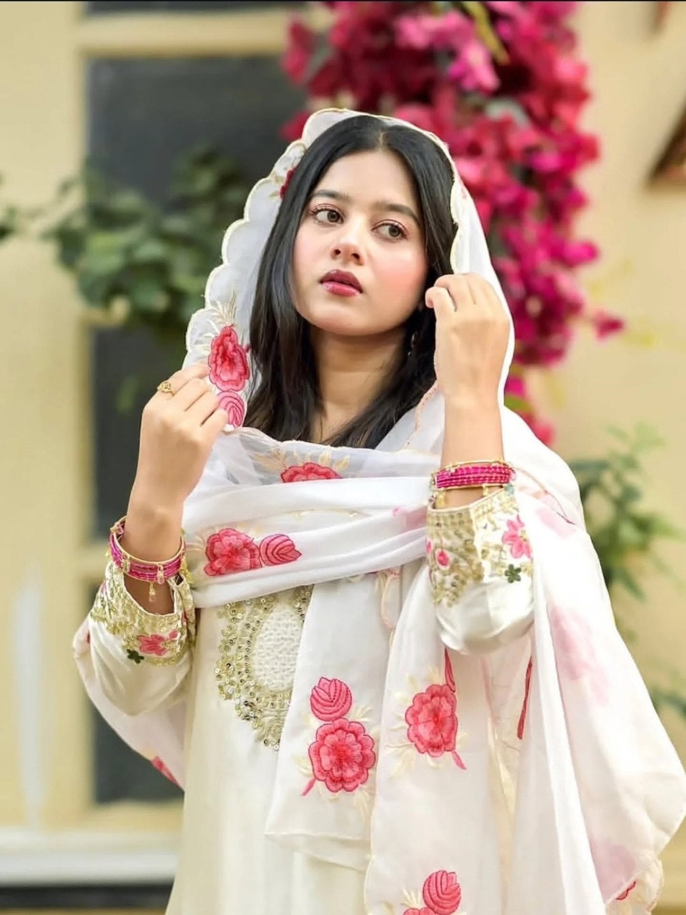 White Rosy Embroidered Salwar Suit Set