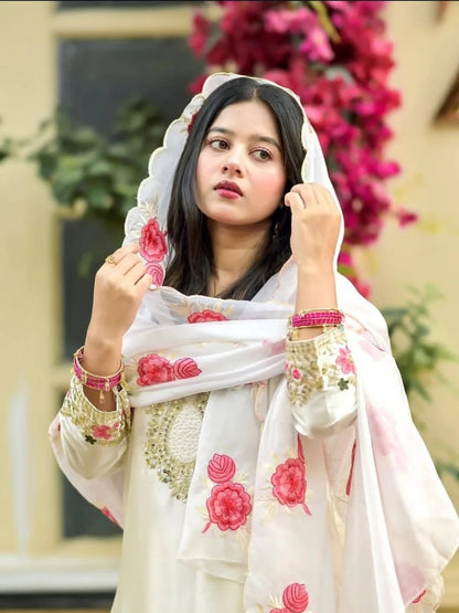 White Rosy Embroidered Salwar Suit Set