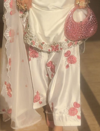 White Rosy Embroidered Salwar Suit Set
