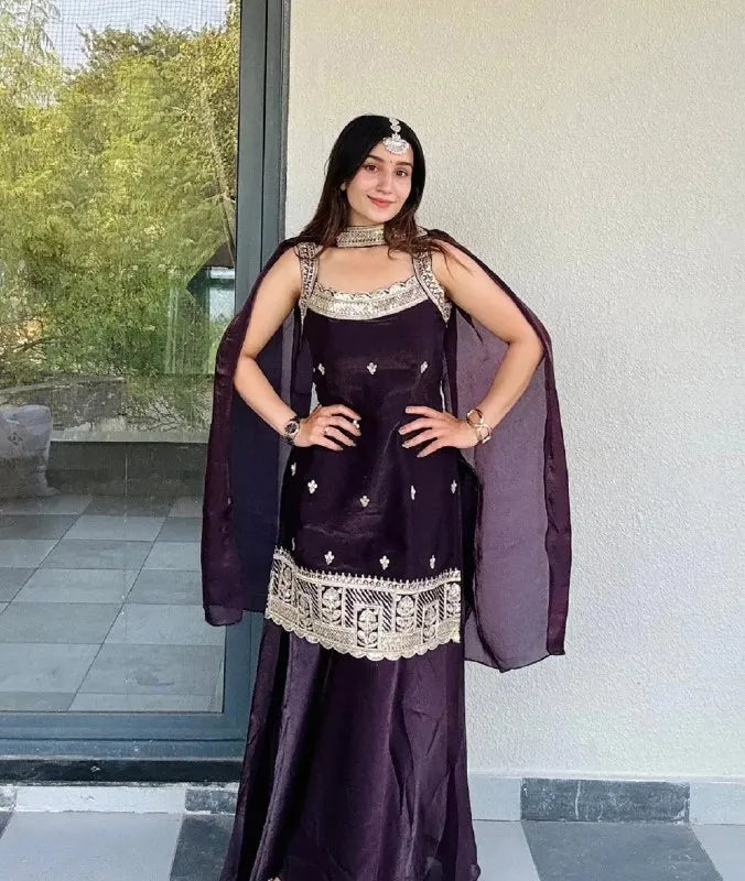 Wine Fendy Kurta Palazzo Dupatta Set