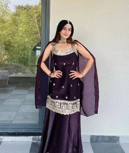 Wine Fendy Kurta Palazzo Dupatta Set