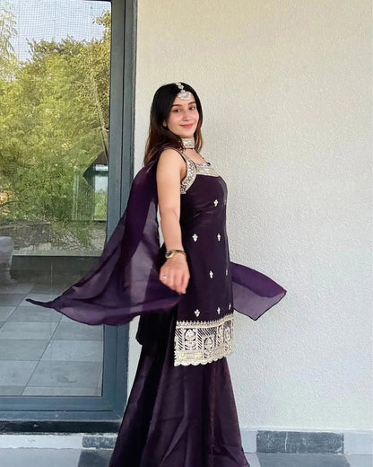 Wine Fendy Kurta Palazzo Dupatta Set