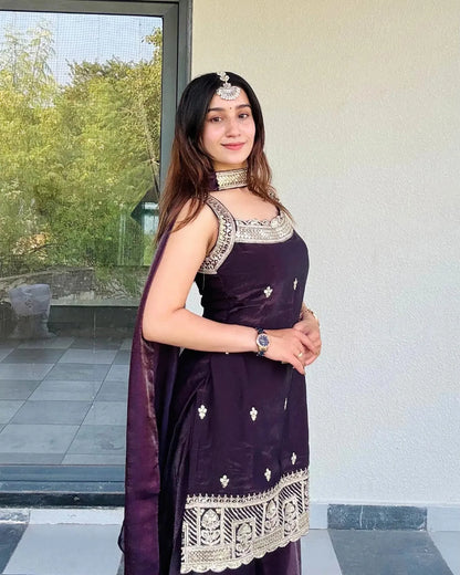 Wine Fendy Kurta Palazzo Dupatta Set