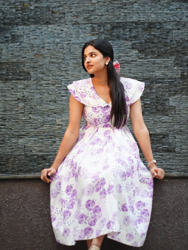 Lyra Lavender Muse Floral Cotton Midi Dress,