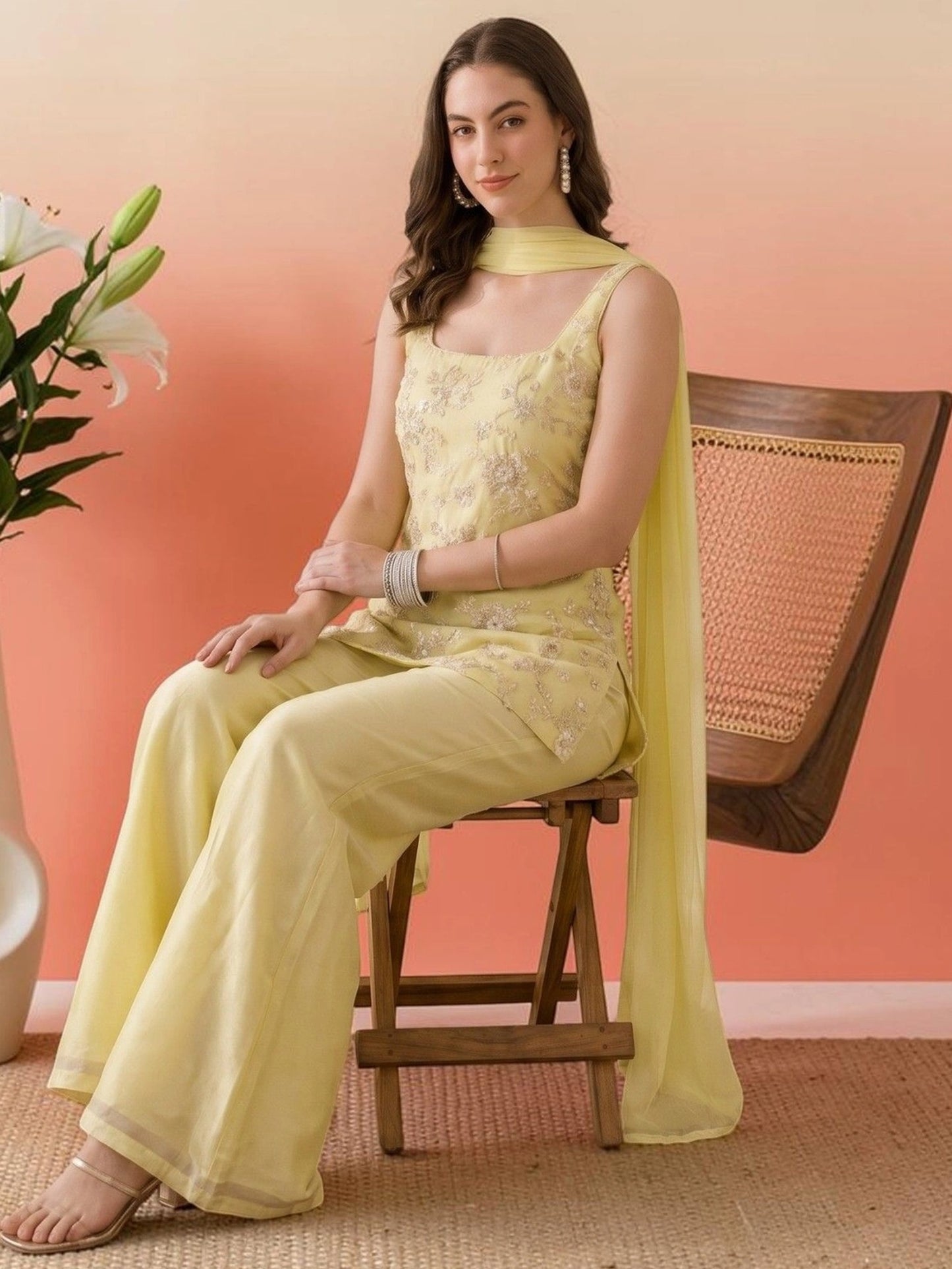 Ruhi Embroidered Kurta Palazzo Dupatta Set