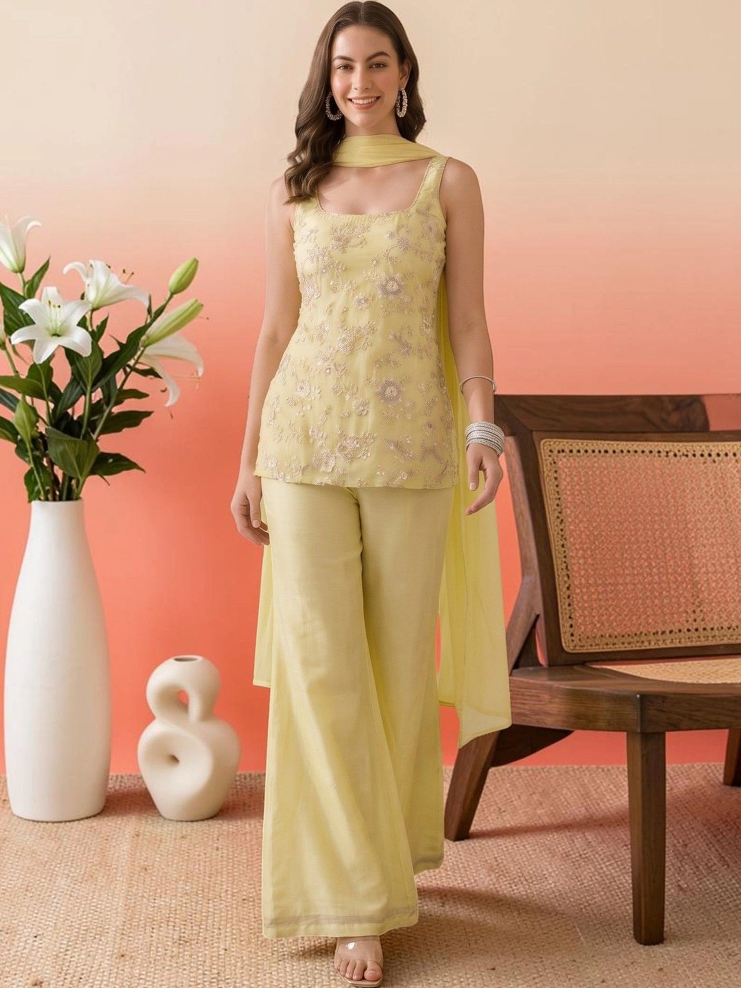 Ruhi Embroidered Kurta Palazzo Dupatta Set