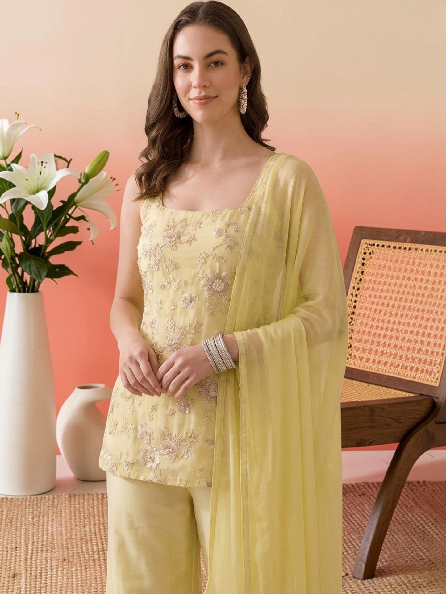Ruhi Embroidered Kurta Palazzo Dupatta Set