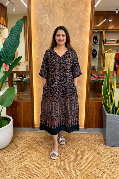 Ayushi Ajrakh Print Modal Silk Dress With Pocket