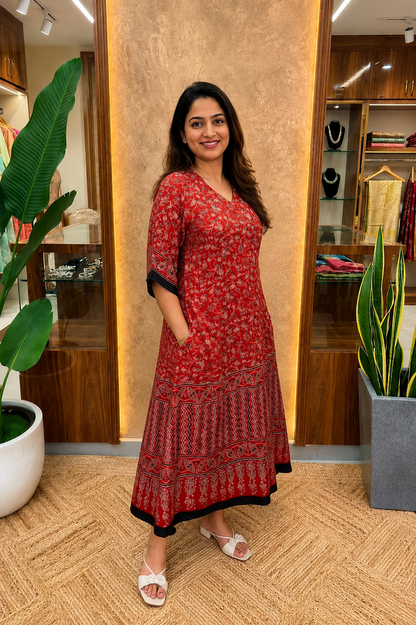 Ayushi Ajrakh Print Modal Silk Dress With Pocket