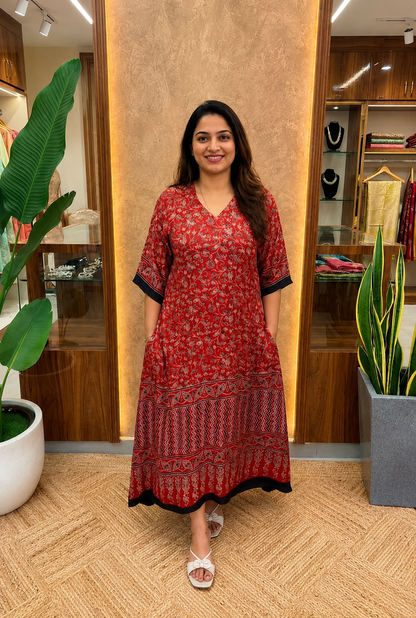 Ayushi Ajrakh Print Modal Silk Dress With Pocket