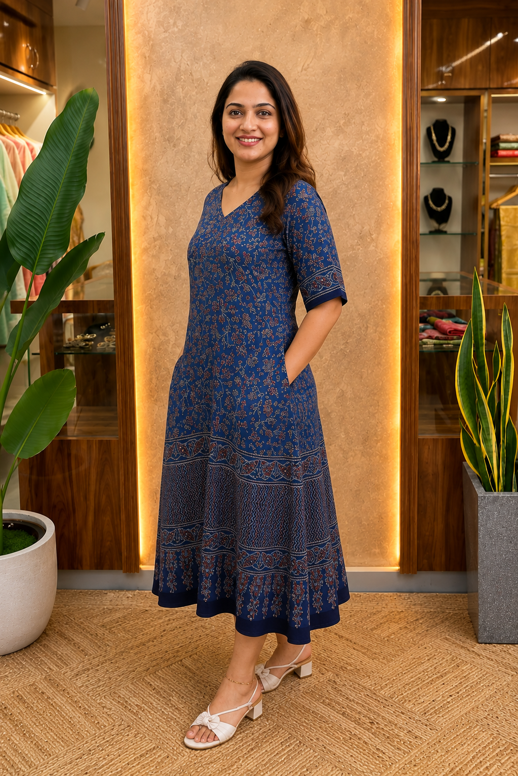Ayushi Ajrakh Print Modal Silk Dress With Pocket