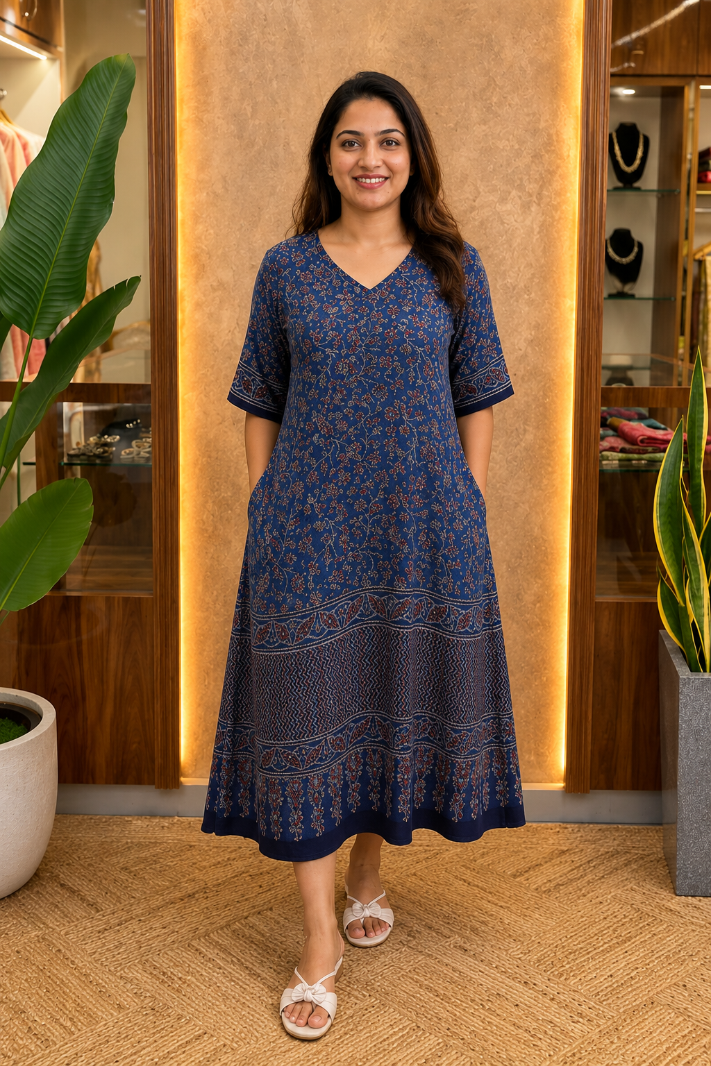 Ayushi Ajrakh Print Modal Silk Dress With Pocket