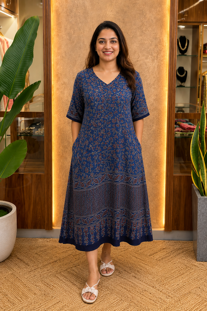 Ayushi Ajrakh Print Modal Silk Dress With Pocket