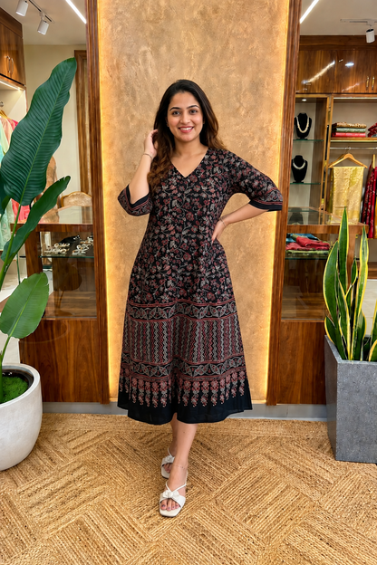 Ayushi Ajrakh Print Modal Silk Dress With Pocket