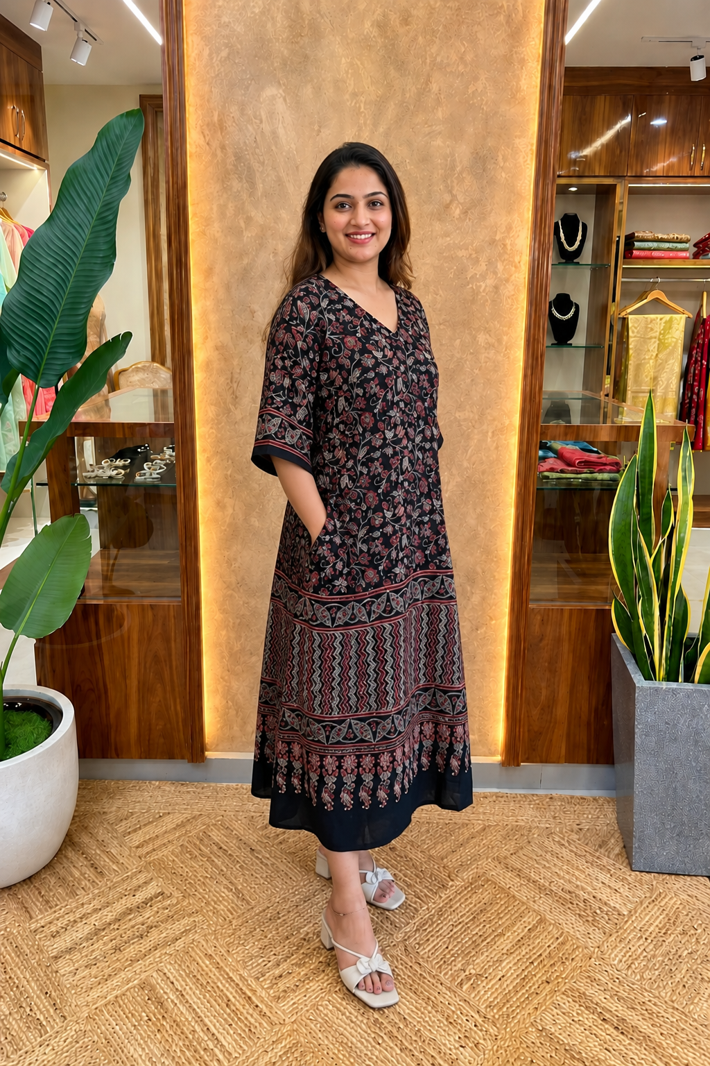 Ayushi Ajrakh Print Modal Silk Dress With Pocket