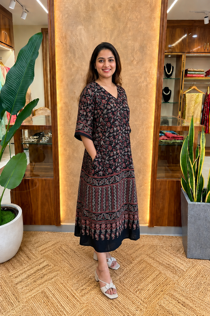 Ayushi Ajrakh Print Modal Silk Dress With Pocket