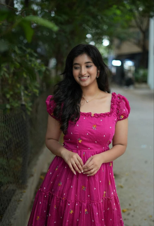 Pink Floral Embroidered Maxi Dress