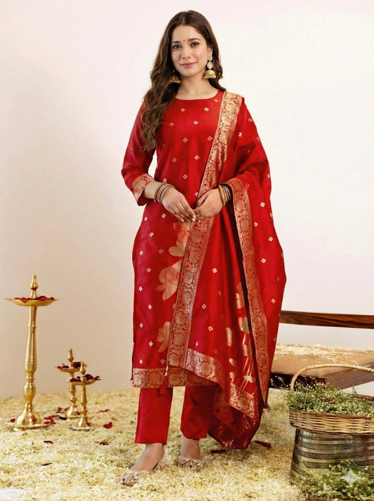 Red Art Silk Jacquard Kurta Pant Dupatta Set