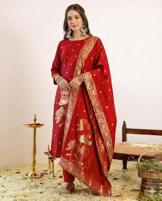 Red Art Silk Jacquard Kurta Pant Dupatta Set
