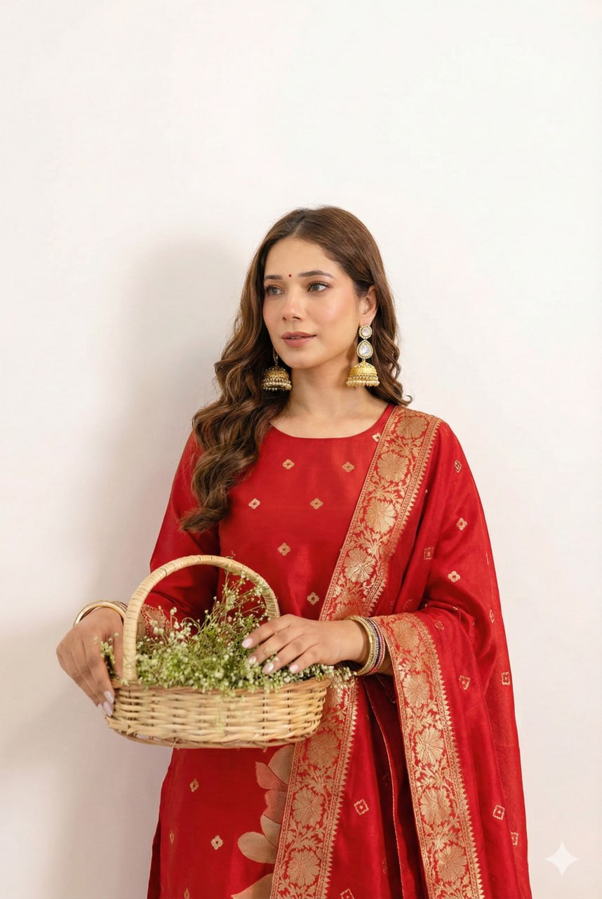 Red Art Silk Jacquard Kurta Pant Dupatta Set