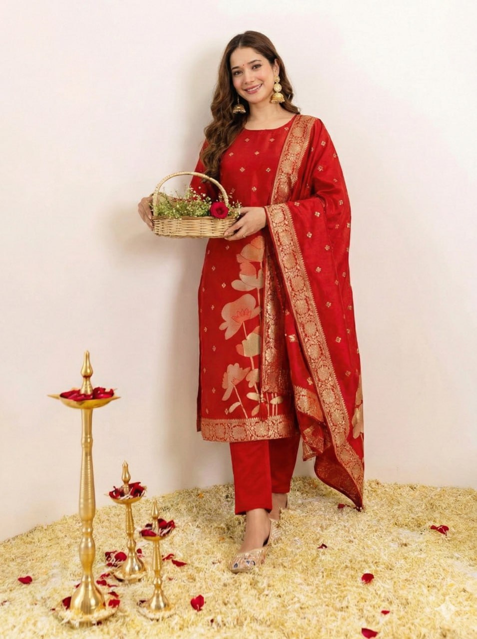 Red Art Silk Jacquard Kurta Pant Dupatta Set