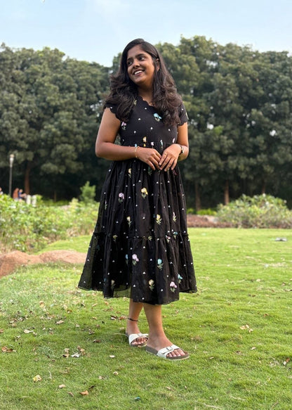 Black Daisy Embroidered Frock Dress