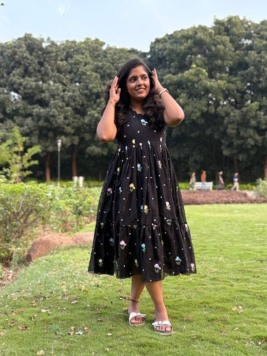 Black Daisy Embroidered Frock Dress