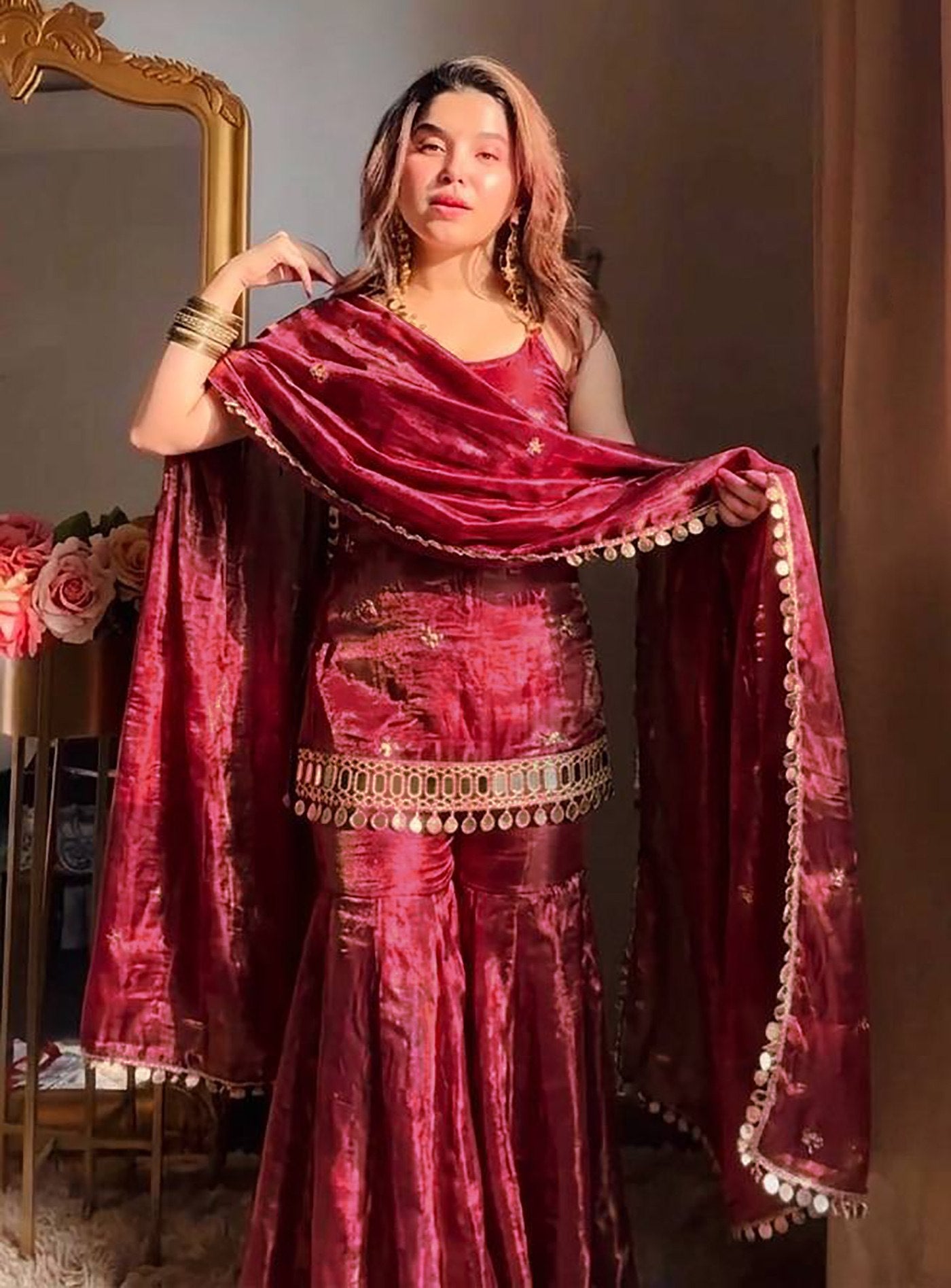Reshma Fendy Silk Kurta Palazzo Dupatta Set