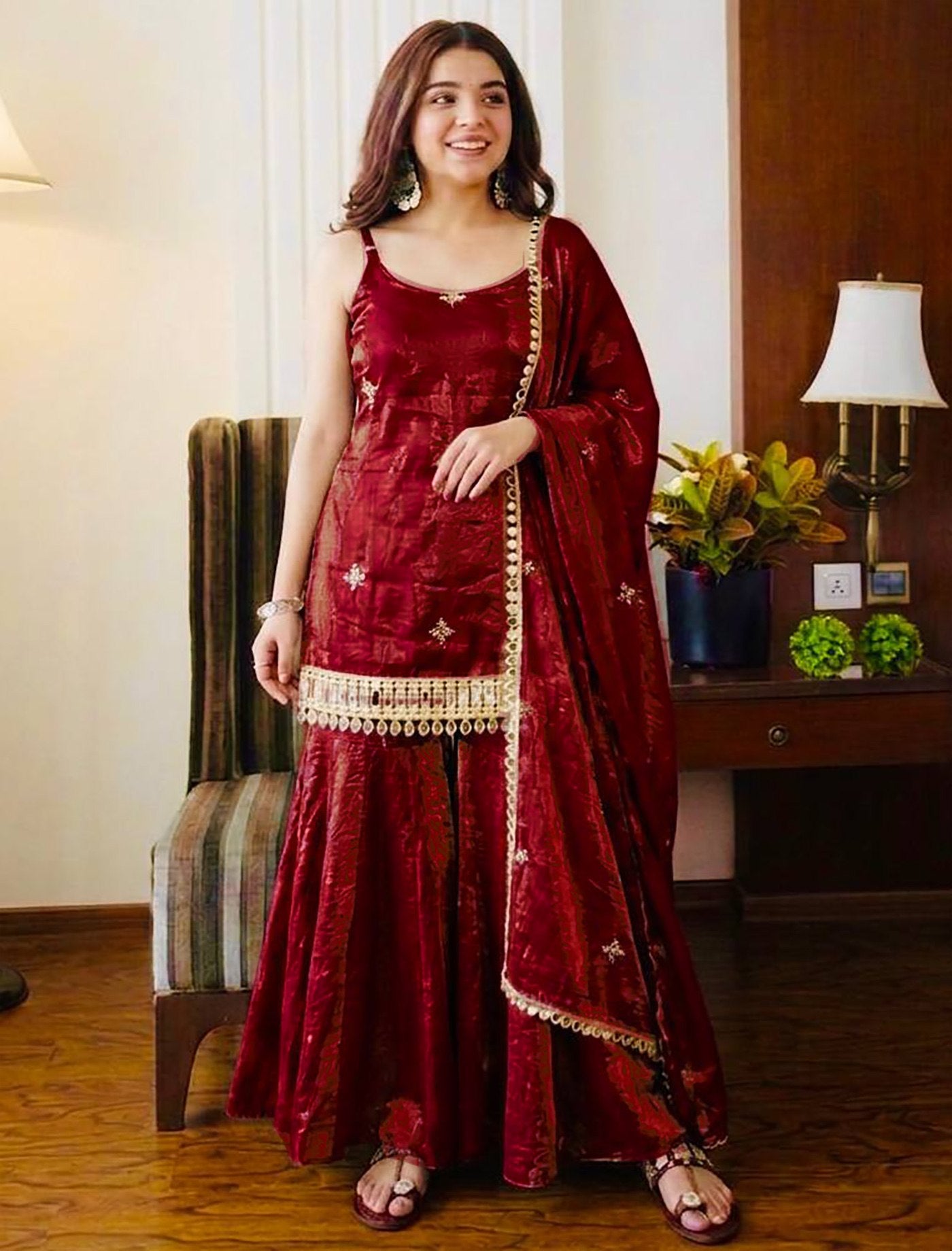 Reshma Fendy Silk Kurta Palazzo Dupatta Set