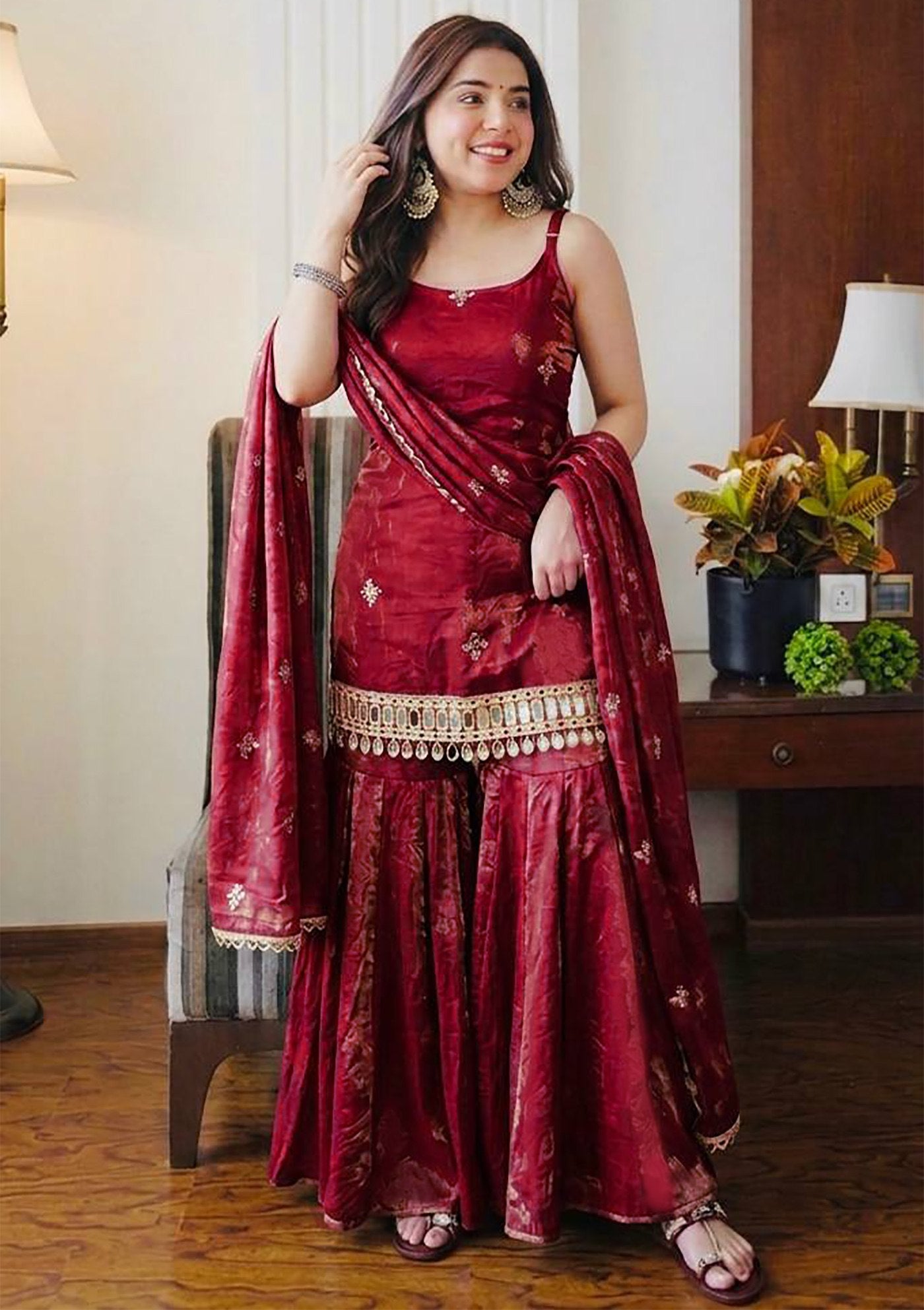 Reshma Fendy Silk Kurta Palazzo Dupatta Set