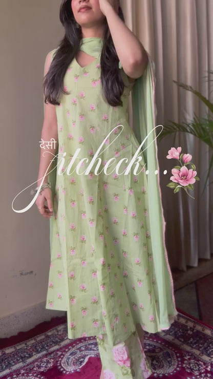 Ruhi Light Green Cotton Kurta Pant & Dupatta Set