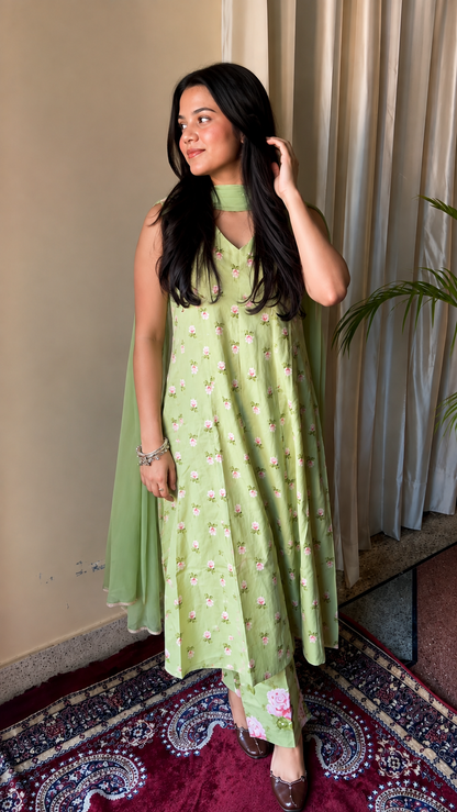 Ruhi Light Green Cotton Kurta Pant & Dupatta Set
