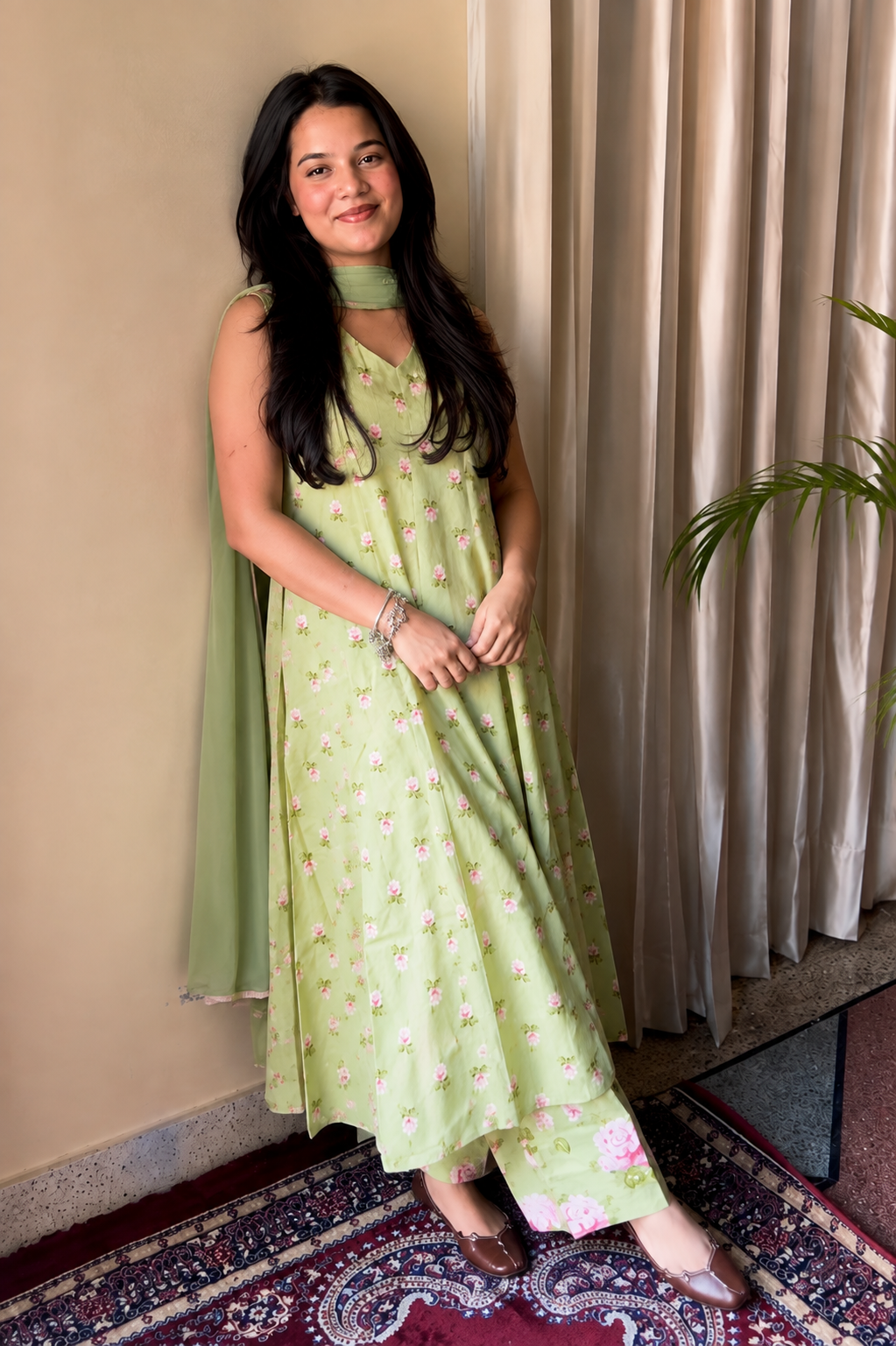 Ruhi Light Green Cotton Kurta Pant & Dupatta Set