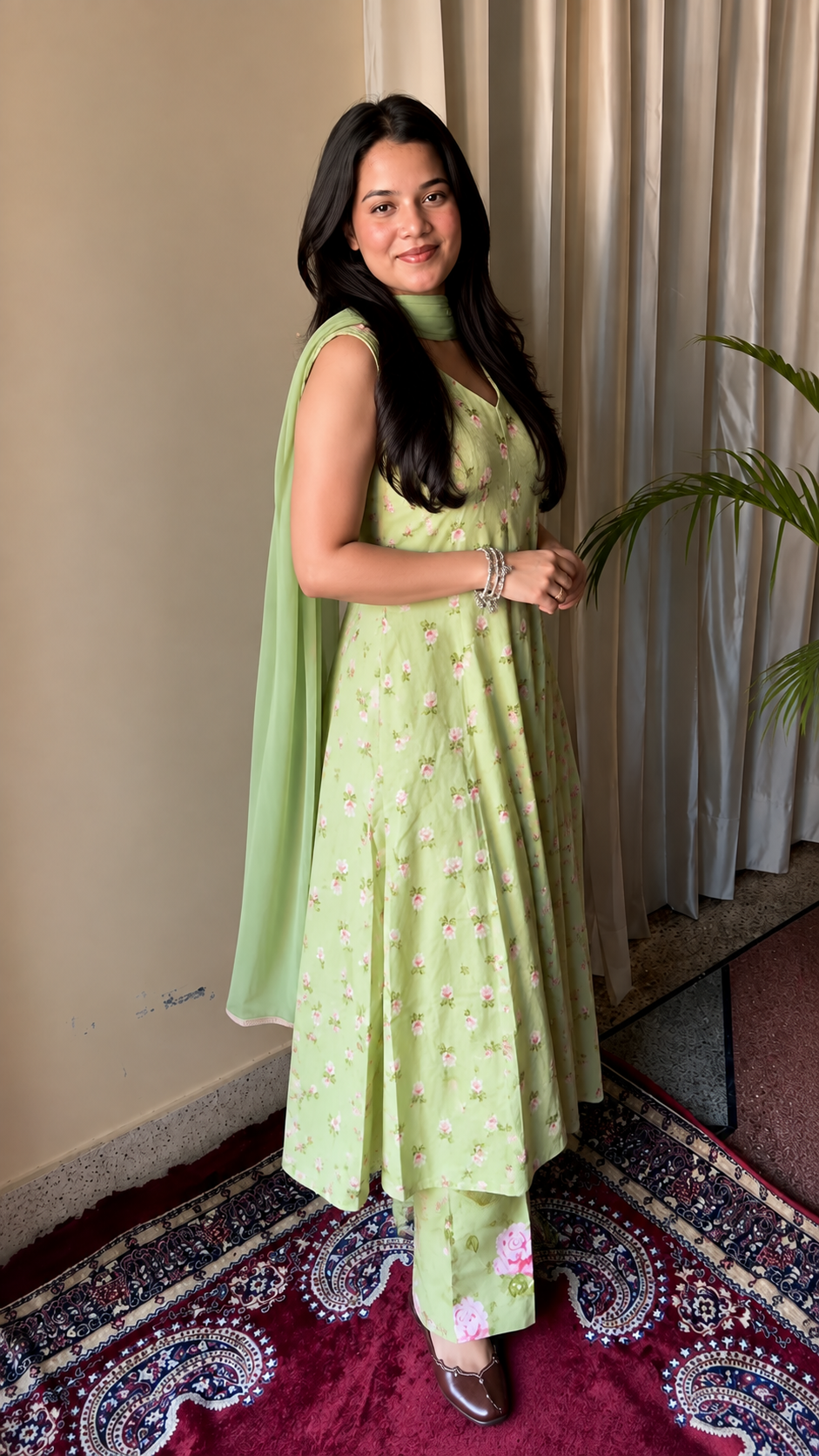 Ruhi Light Green Cotton Kurta Pant & Dupatta Set