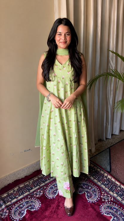 Ruhi Light Green Cotton Kurta Pant & Dupatta Set