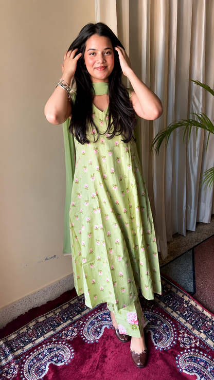Ruhi Light Green Cotton Kurta Pant & Dupatta Set